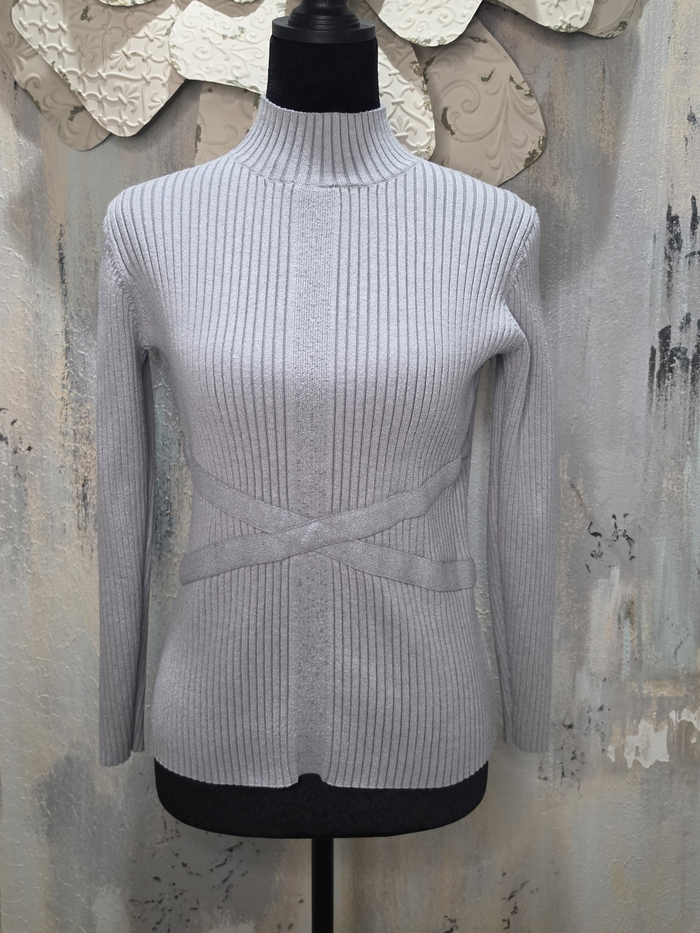 Fever Light Gray Ribbed Mock Neck Sweater That Looks Bodycon Size Small